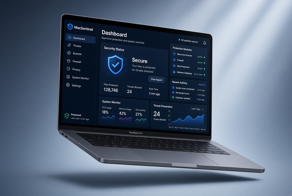 MacBook Pro showing the MacSentinel Pro dashboard